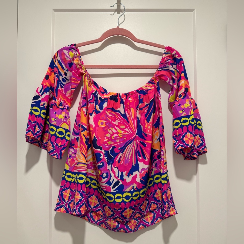 Lilly Pulitzer, Sanilla Silk off the shoulder bell sleeve top 26044 XXS